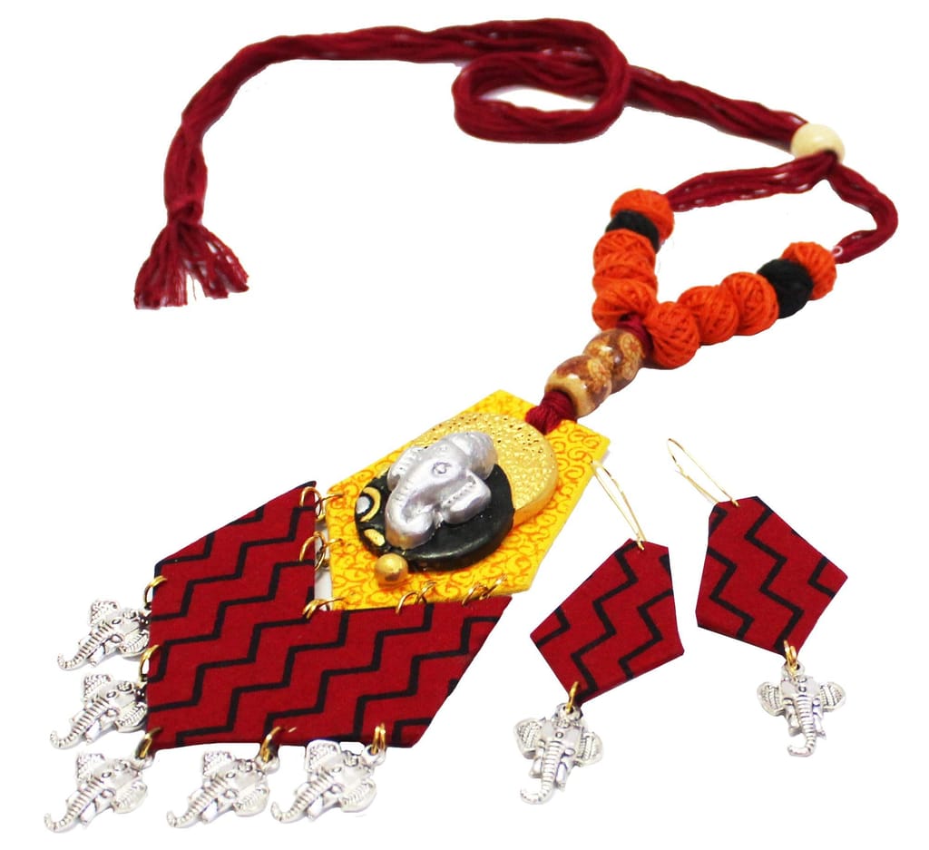 EKAM EK Women's Lightweight Fabric Necklace Earrings Jewelry Set Ganesh pendent saree suit skirt wear red color