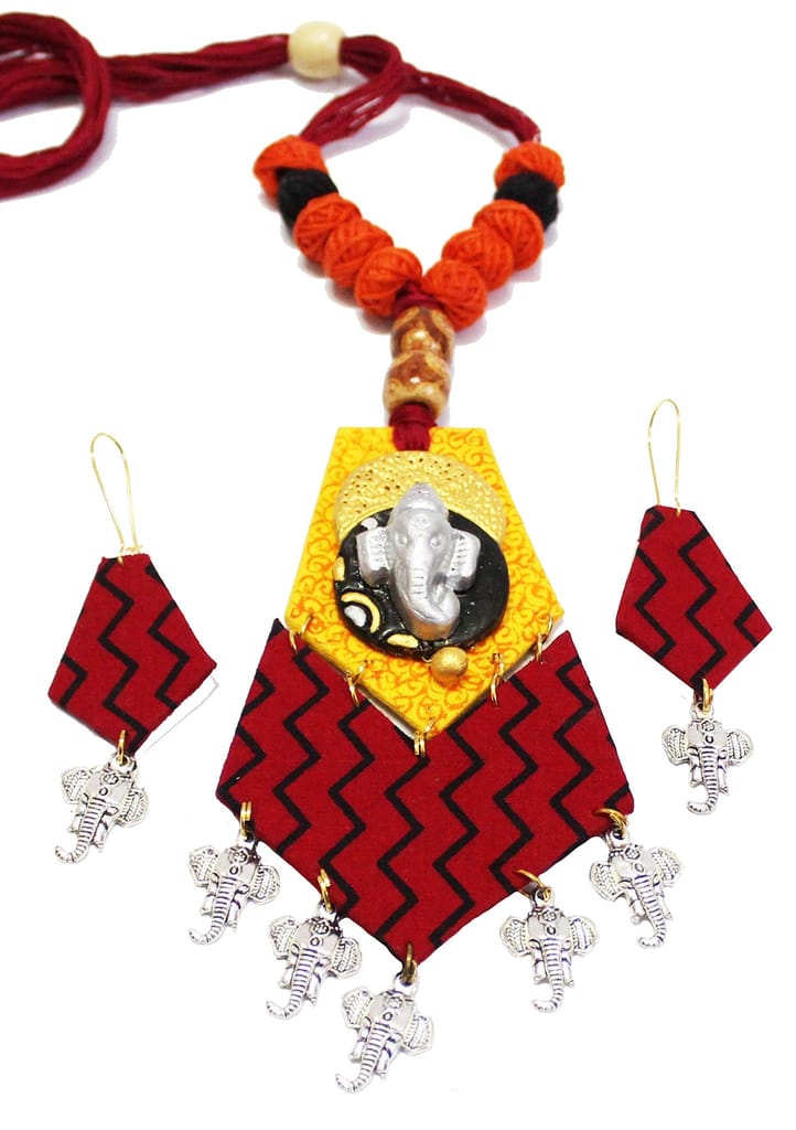 EKAM EK Women's Lightweight Fabric Necklace Earrings Jewelry Set Ganesh pendent saree suit skirt wear red color