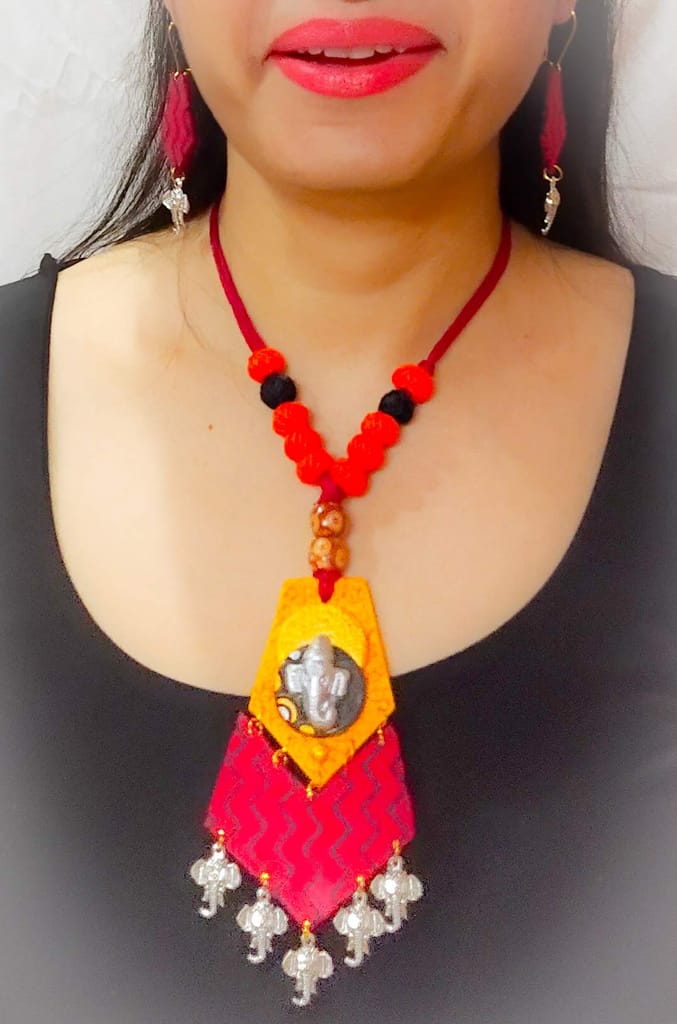 EKAM EK Women's Lightweight Fabric Necklace Earrings Jewelry Set Ganesh pendent saree suit skirt wear red color