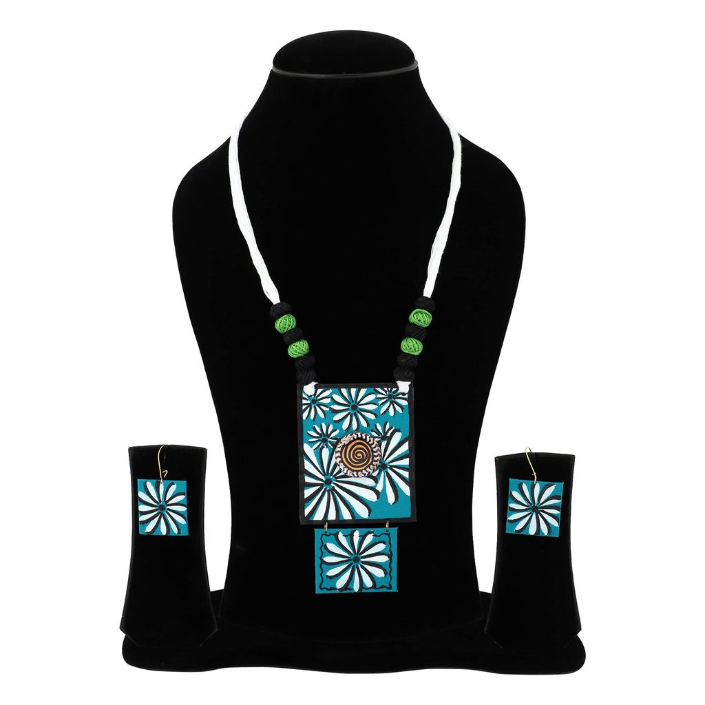 EKAM EK delicately designed square shaped fabric pendent set with earrings with floral design for women and girls for casual and formal occasions