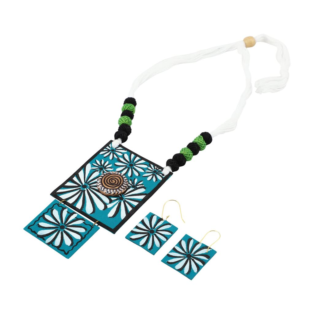 EKAM EK delicately designed square shaped fabric pendent set with earrings with floral design for women and girls for casual and formal occasions