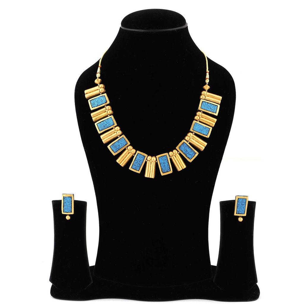 EKAM EK terracotta neckset with earrings for women and girls in topaz blue and gold rectangular shape for casual and formal wear for saree, suit and skirt for festivals