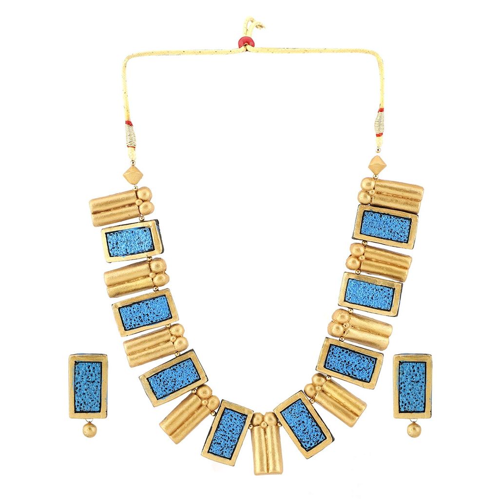 EKAM EK terracotta neckset with earrings for women and girls in topaz blue and gold rectangular shape for casual and formal wear for saree, suit and skirt for festivals