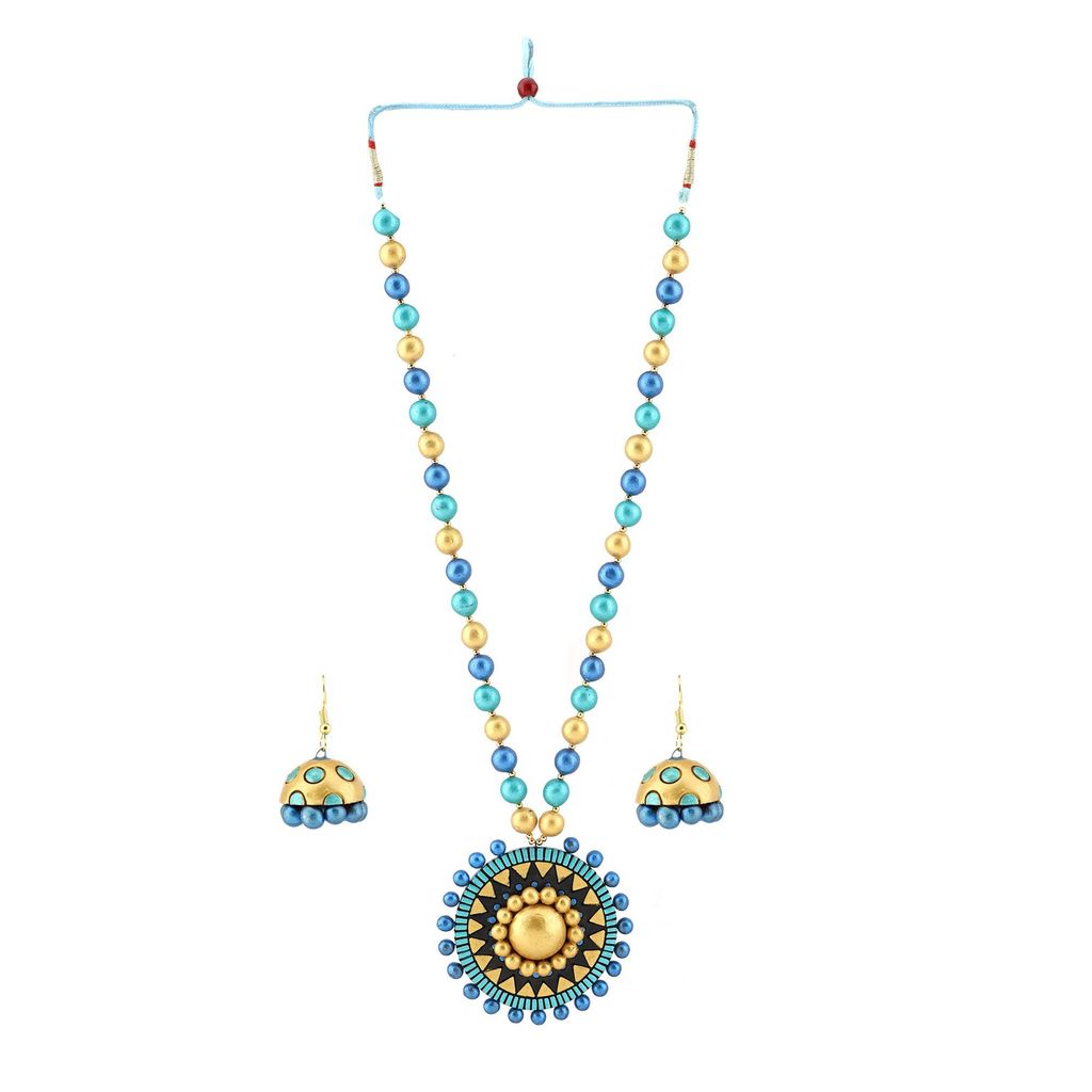 EKAM EK terracotta neckset with earrings for women and girls in BLUE SUN MOTIVE for casual and formal wear for saree, suit and skirt for festivals