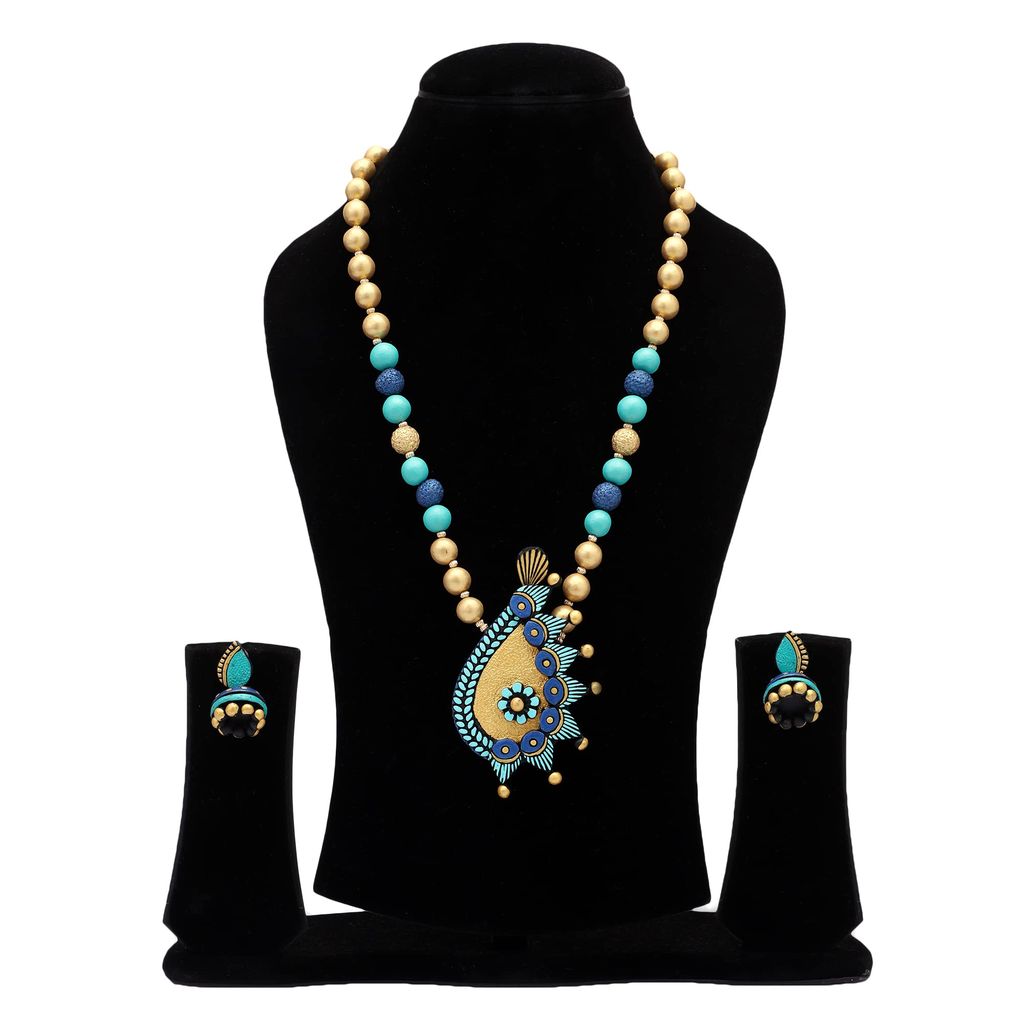 Le bijouxistic EKAM EK Gold and blue pendent design necklace set with earrings for women