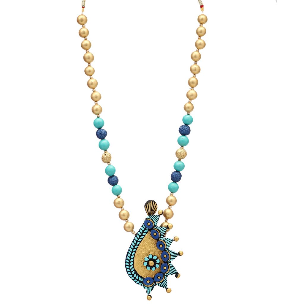 Le bijouxistic EKAM EK Gold and blue pendent design necklace set with earrings for women