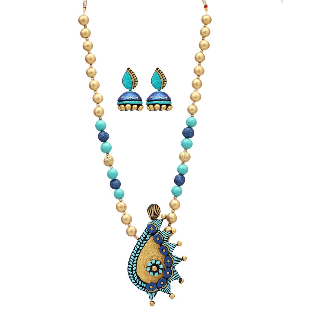 Le bijouxistic EKAM EK Gold and blue pendent design necklace set with earrings for women