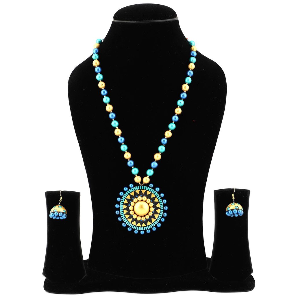EKAM EK terracotta neckset with earrings for women and girls in BLUE SUN MOTIVE for casual and formal wear for saree, suit and skirt for festivals