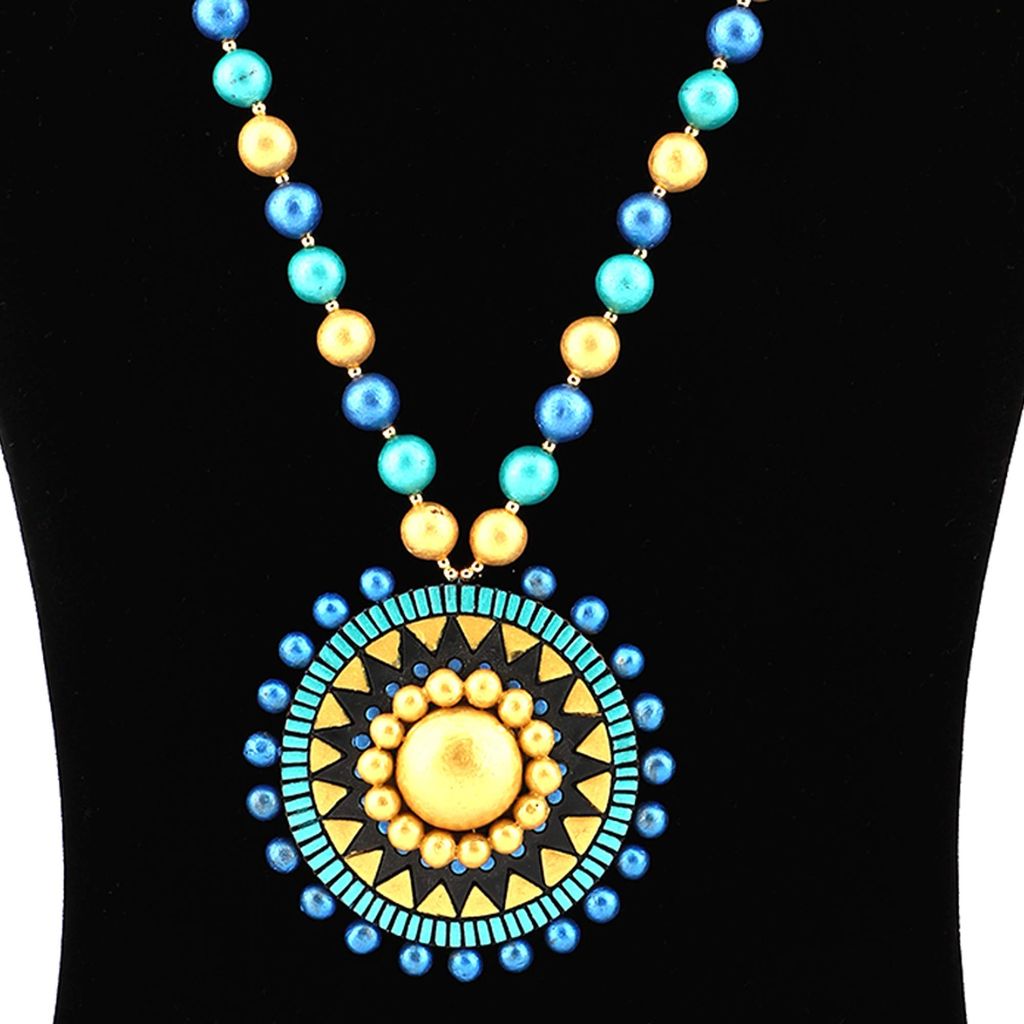 EKAM EK terracotta neckset with earrings for women and girls in BLUE SUN MOTIVE for casual and formal wear for saree, suit and skirt for festivals