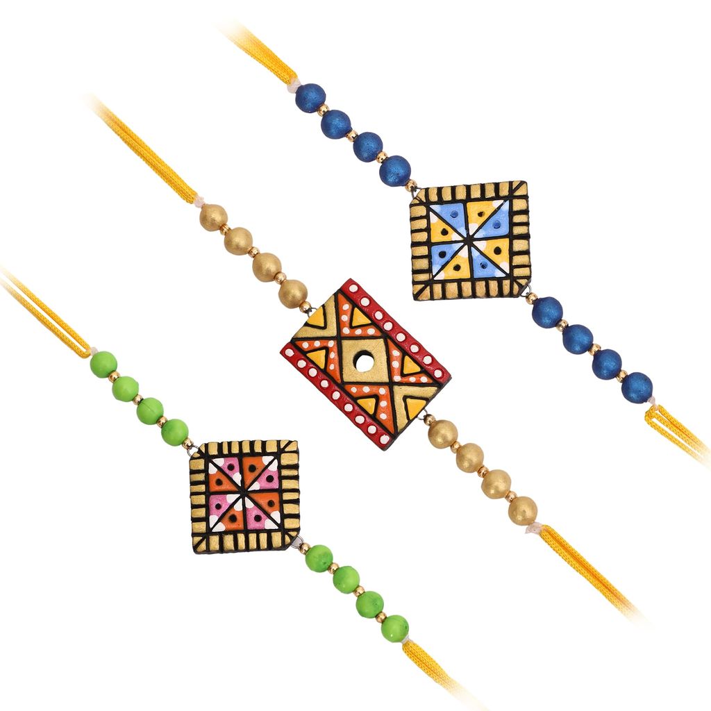 Le bijouxistic EKAM EK Terracotta ecofriendly Rakhi, handmade and handpainted, set of 3 multicolour