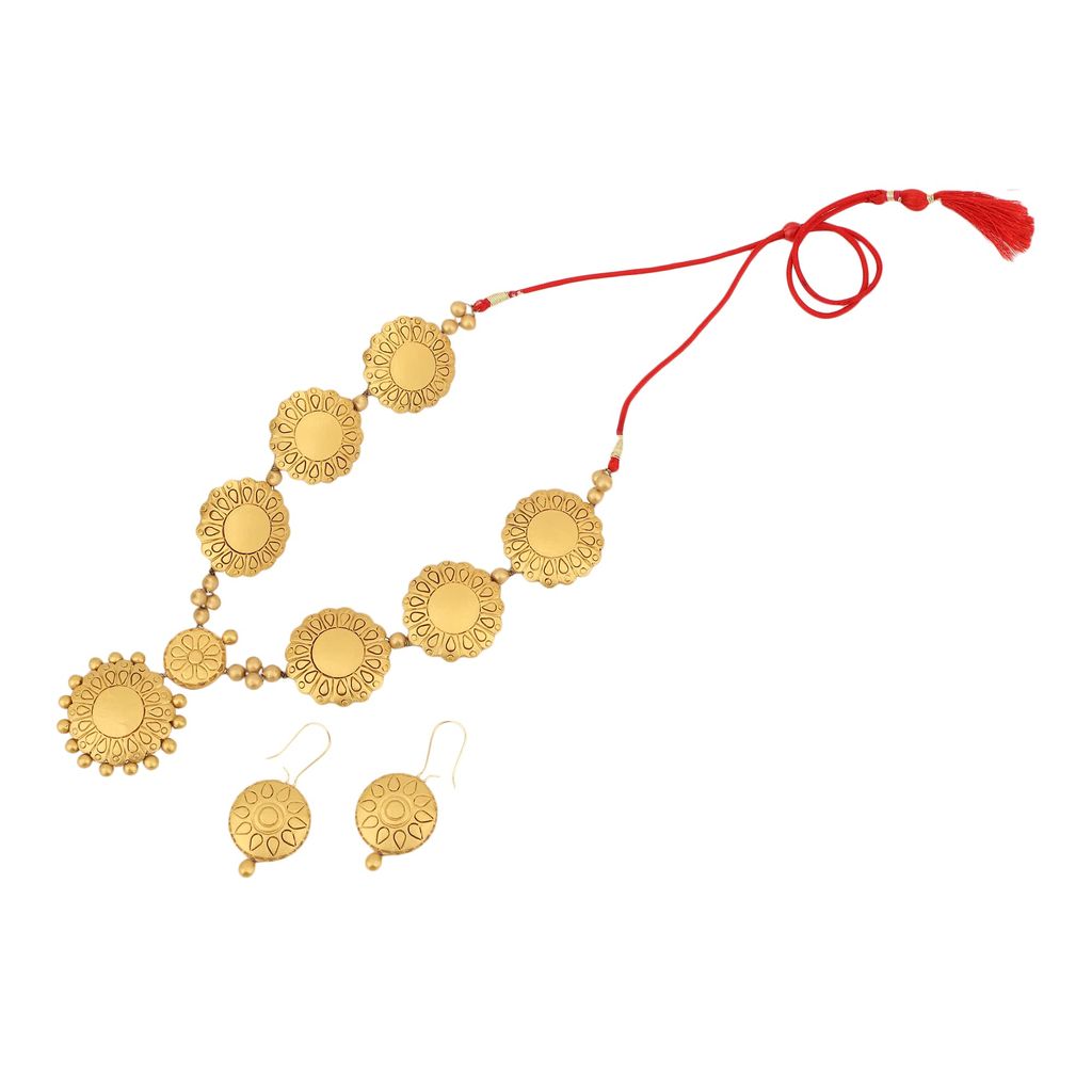 Le bijouxistic EKAM EK TERRACOTTA NECKLACE SET WITH EARRINGS FOR WOMEN AND GIRLS IN GOLD COIN DESIGN FOR CASUAL AND FORMAL WEAR