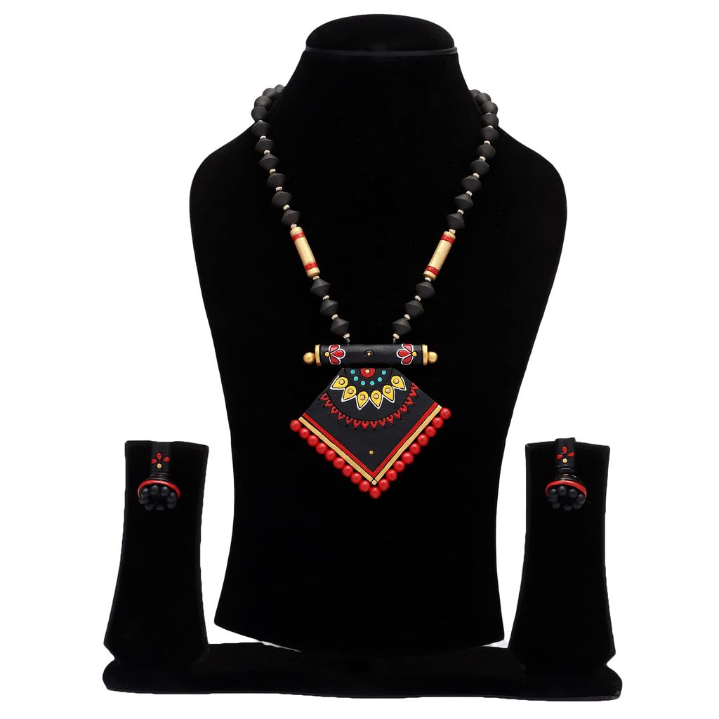 Le bijouxistic EKAM EK Rhombus necklace set with earrings for women in black and red