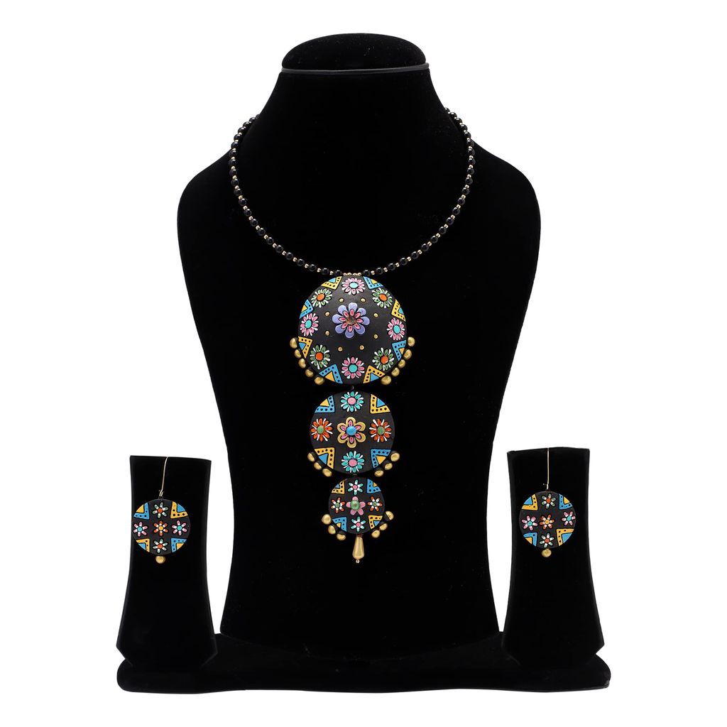 Le bijouxistic EKAM EK Terracotta necklace set and earrings in multi color, Round design, chokkar style, adjustable