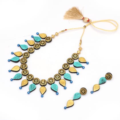 Blue Indian Jewellery Copper Gold Plated Necklace Set for Women - Quail -  3799832