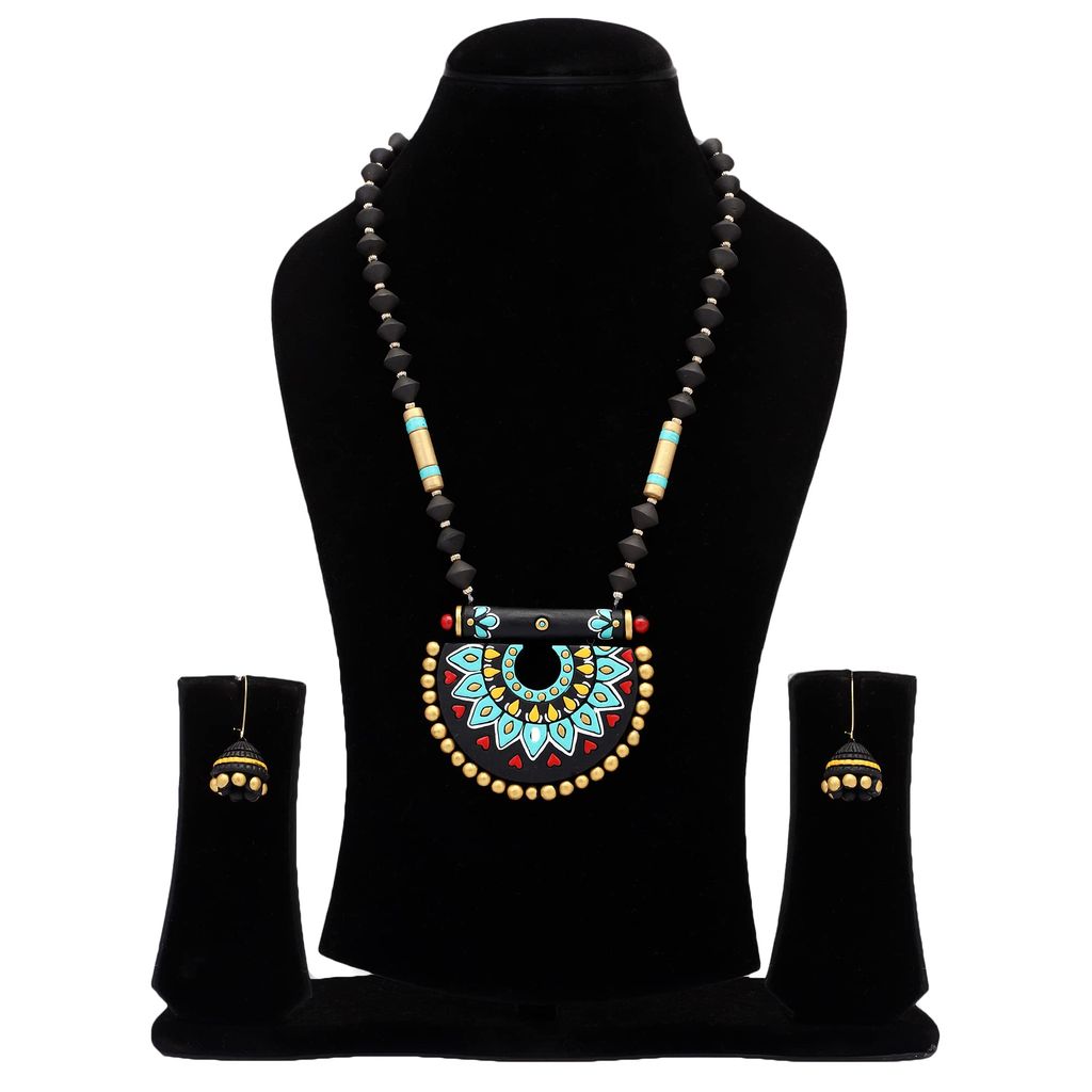 Le bijouxistic EKAM EK traditional pendent design necklace set with earrings for women in black and blue