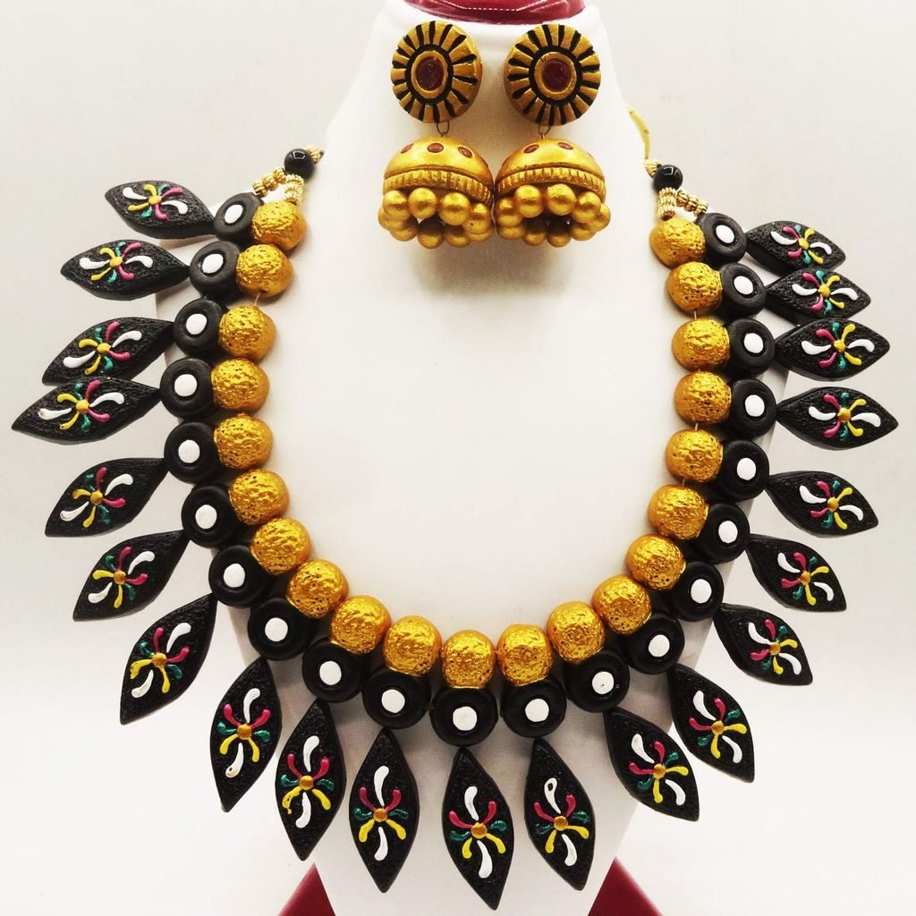 EKAM EK terracotta neckset with earrings for women and girls in BLACK AND GOLD for casual and formal wear for saree, suit and skirt for festivals