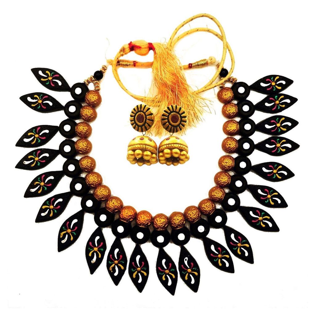 EKAM EK terracotta neckset with earrings for women and girls in BLACK AND GOLD for casual and formal wear for saree, suit and skirt for festivals