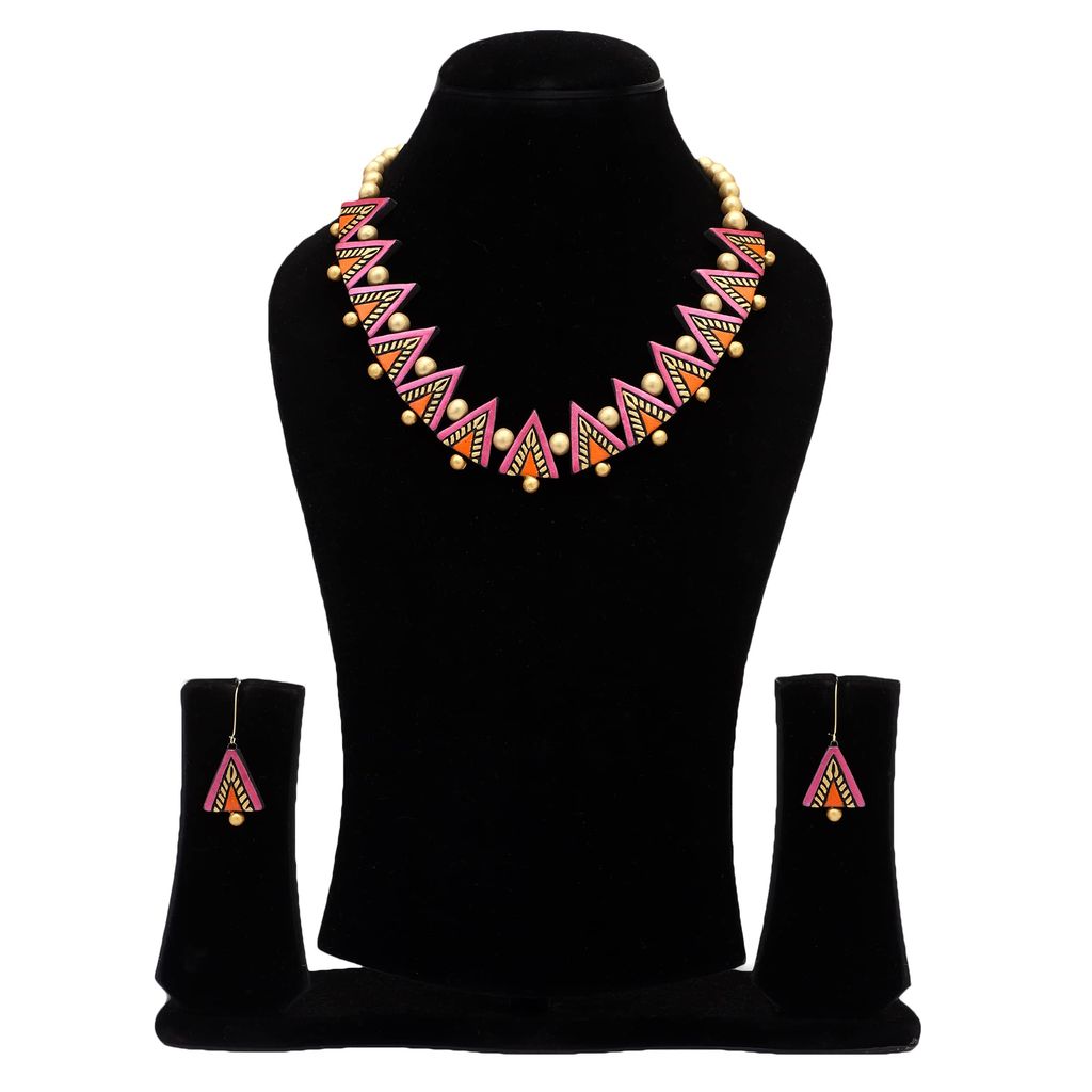 Le bijouxistic EKAM EK Pink and ornage broken design necklace set with earrinsg for women