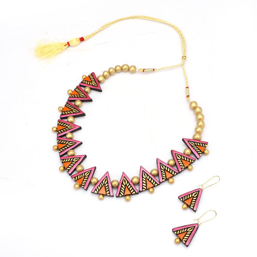 Le bijouxistic EKAM EK Pink and ornage broken design necklace set with earrinsg for women