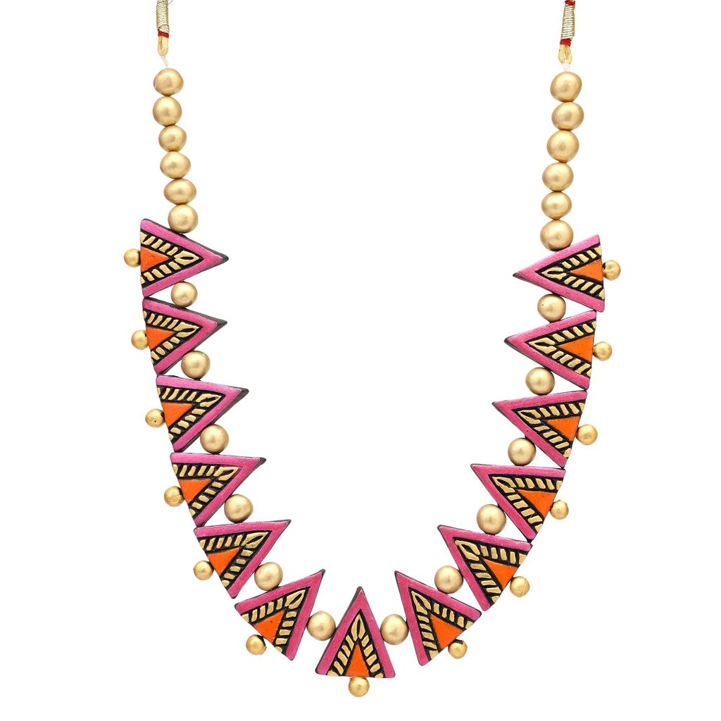 Le bijouxistic EKAM EK Pink and ornage broken design necklace set with earrinsg for women