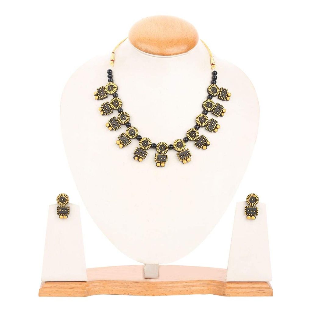 EKAM EK small leaf shape necklace with earrings for women and girls for saree suit and skirts ideal for casual and formal wear black
