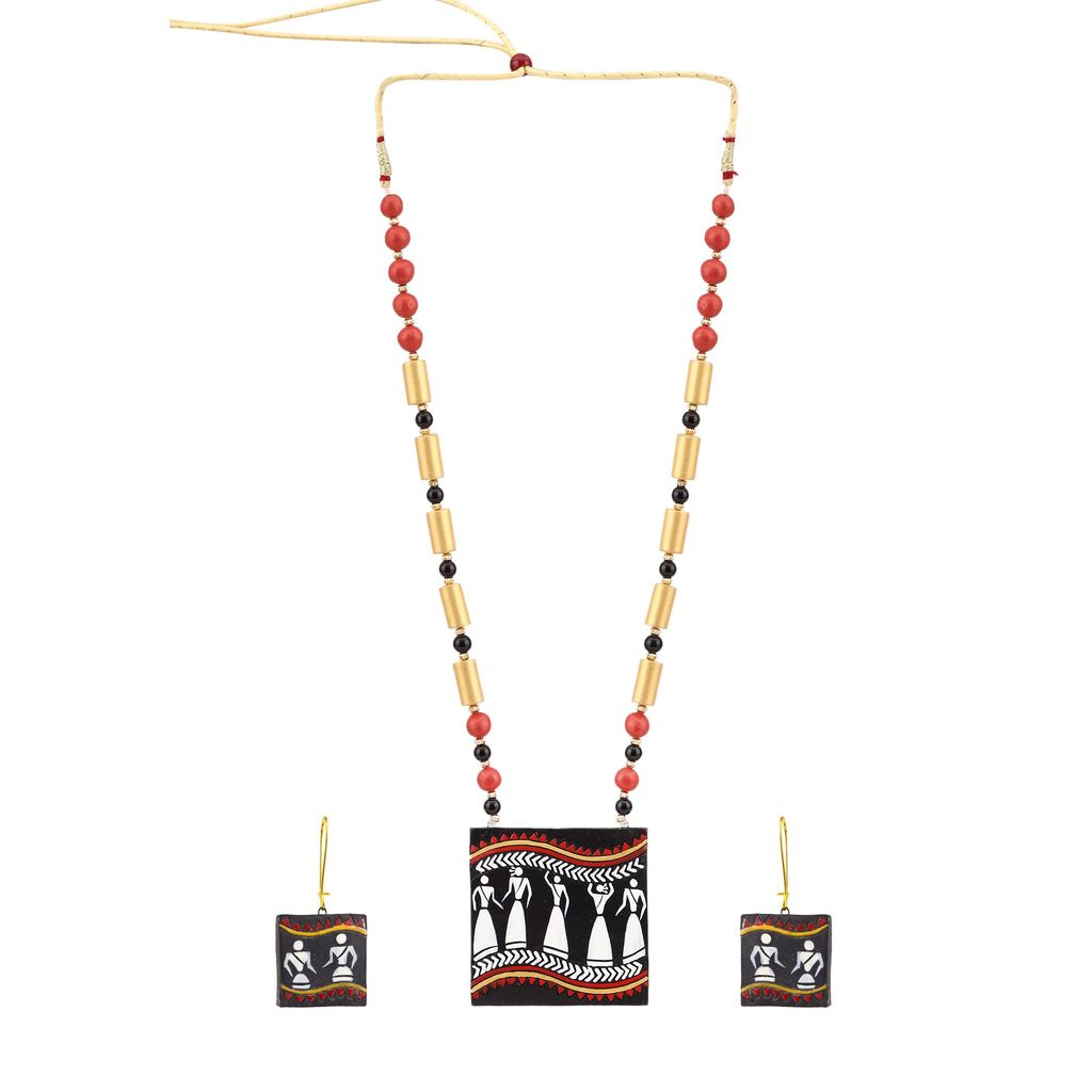 Le bijouxistic EKAM EK TERRACOTTA NECKLACE SET WITH EARRINGS WITH WARLI DESIGN IN MULTICOLOURS FOR WOMEN AND GIRLS FOR CASUAL AND FORMAL WEAR