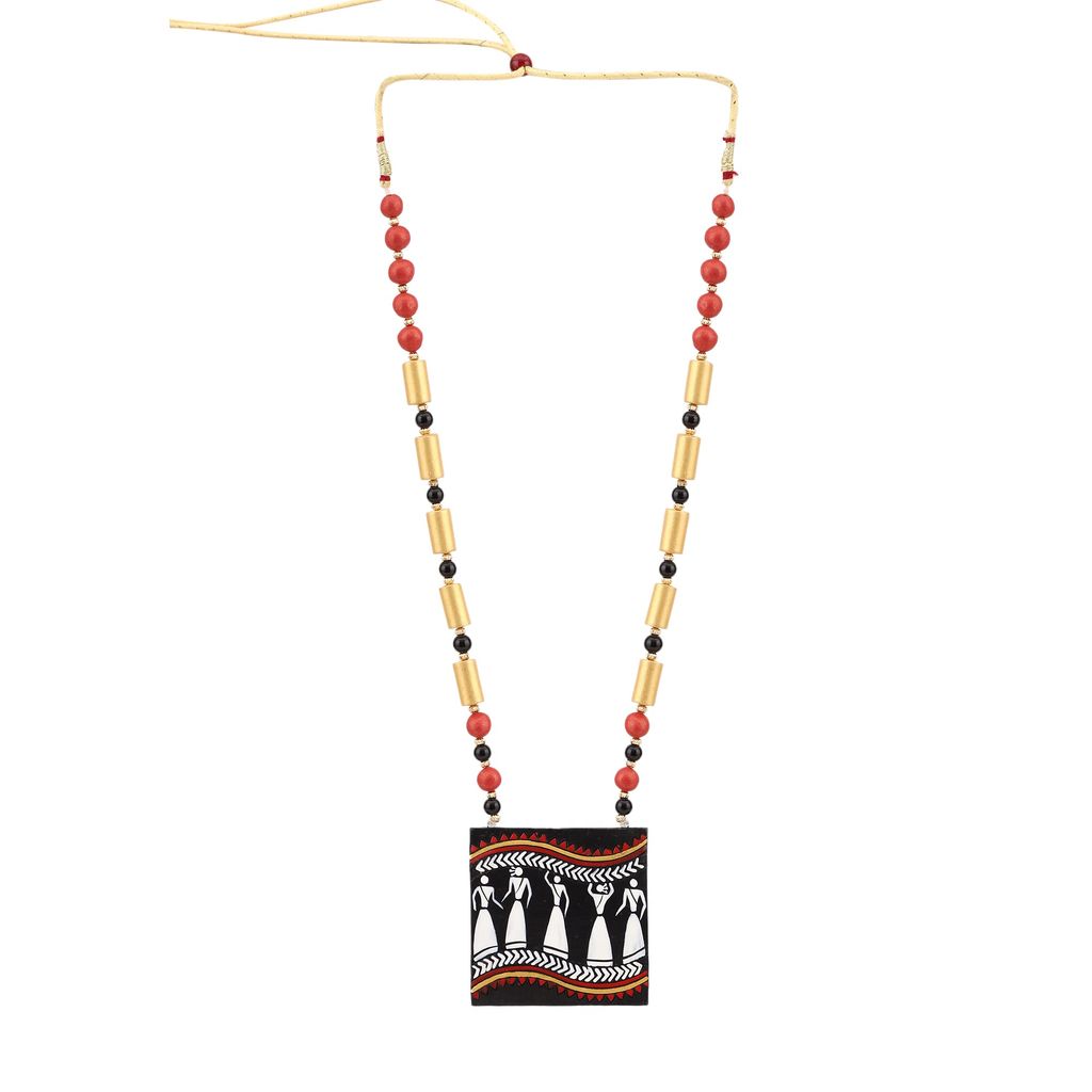 Le bijouxistic EKAM EK TERRACOTTA NECKLACE SET WITH EARRINGS WITH WARLI DESIGN IN MULTICOLOURS FOR WOMEN AND GIRLS FOR CASUAL AND FORMAL WEAR
