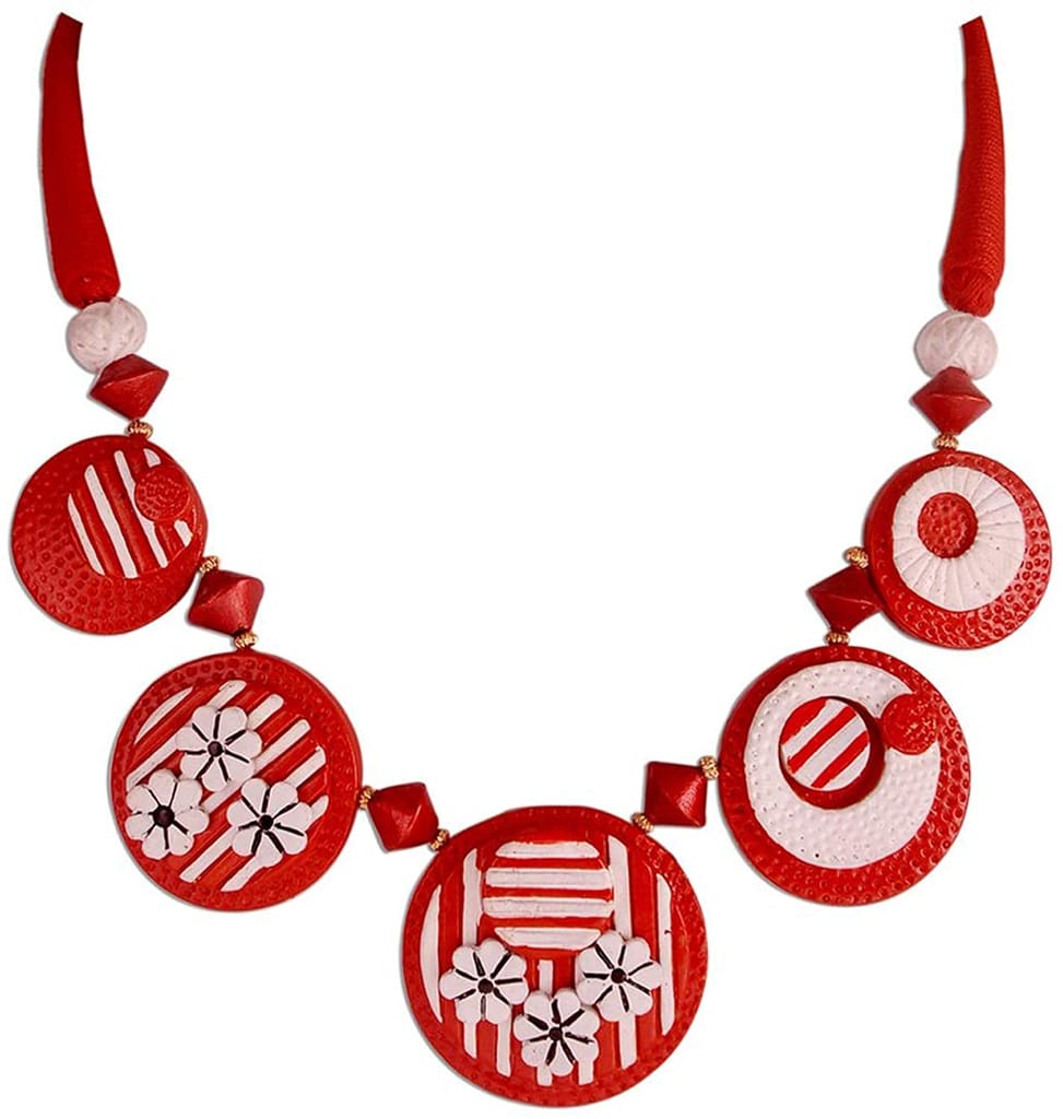 EKAM EK WHITE AND RED TERRACOTTA NECKLACE AND EARRINGS FOR GIRLS AND WOMEN FOR CASUAL AND FORMAL WEAR FOR SUIT, SAREE AND SKIRTS