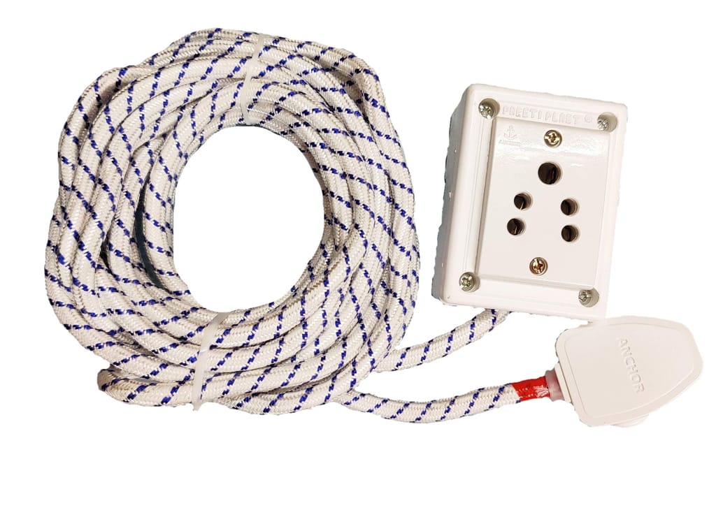 Tia 1 Sockets Power Extension with 3 m Cotton Cord, Anchor Socket and 6 A Plug (White)