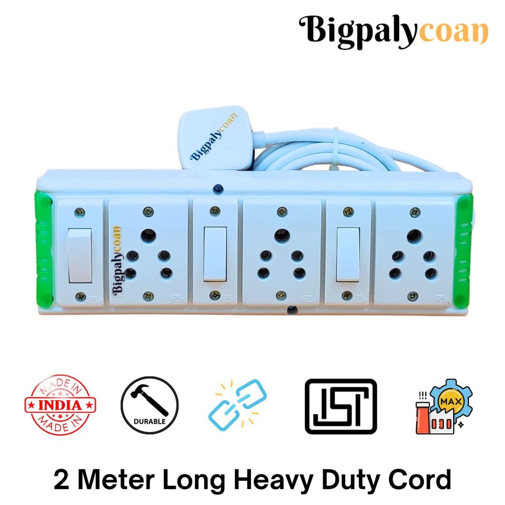 Bigpalycoan 3 Way Electric Extension Board with Individual Switch Heavy Duty 2 metre Cord (Max. Rating 1200W- 230V) PVC Green-White
