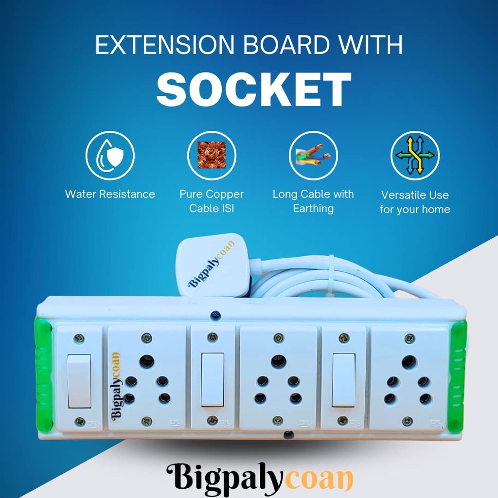 Bigpalycoan 3 Way Electric Extension Board with Individual Switch Heavy Duty 2 metre Cord (Max. Rating 1200W- 230V) PVC Green-White