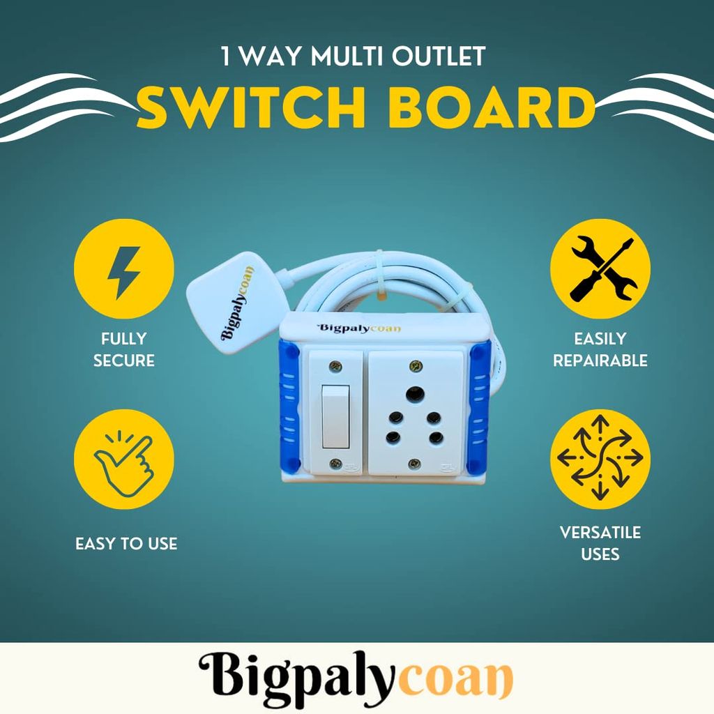 Bigpalycoan 1 Way Extension Multi Outlet Electrical Switch Board with Individual Switch Heavy Duty 2 metre Cord (Max. Rating 1200W- 230V) PVC Blue/Green-White