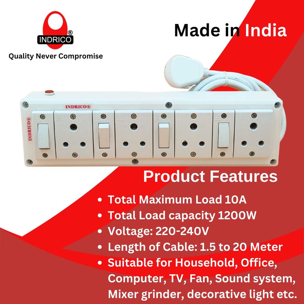 INDRICO? 3 Pins Multi Outlet Extension Board with Individual Switch Long Cable (Max. Rating 1200W) White (20 Meter Cable)
