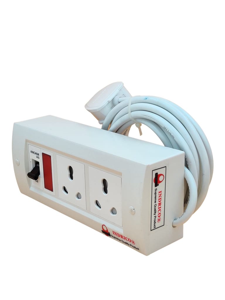 INDRICO AC Switch Board with MCB Multi Outlet Extension Fitted with,2 16A Sockets, Indicator,1 MCB 20A with 4 Metre 1.5 mm 3 core Copper Chord 2200 Watts with 15 Amp Plug PVC White Pack of 1