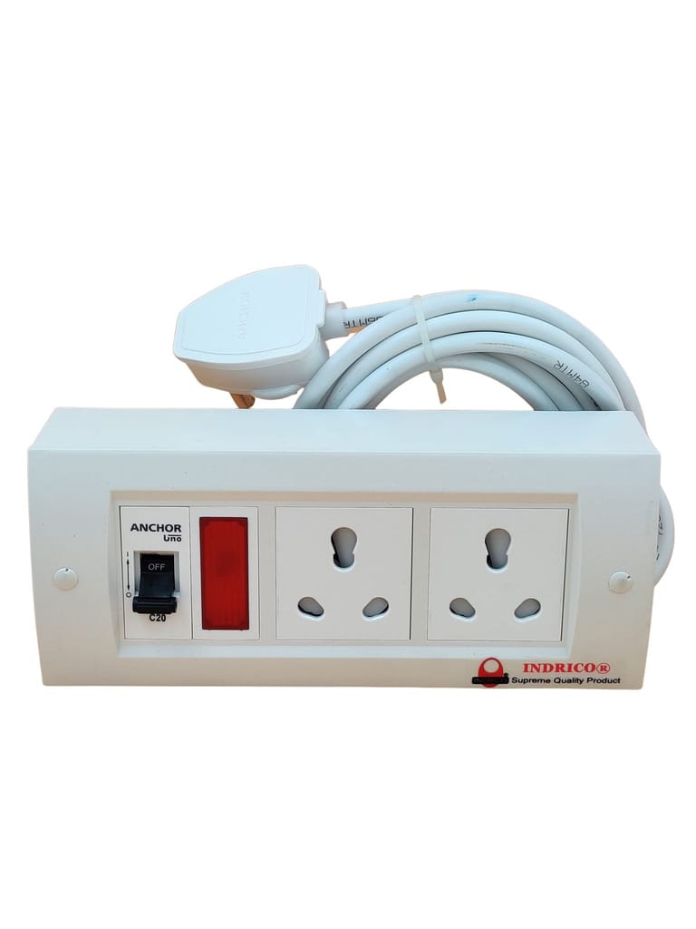 INDRICO AC Switch Board with MCB Multi Outlet Extension Fitted with,2 16A Sockets, Indicator,1 MCB 20A with 4 Metre 1.5 mm 3 core Copper Chord 2200 Watts with 15 Amp Plug PVC White Pack of 1