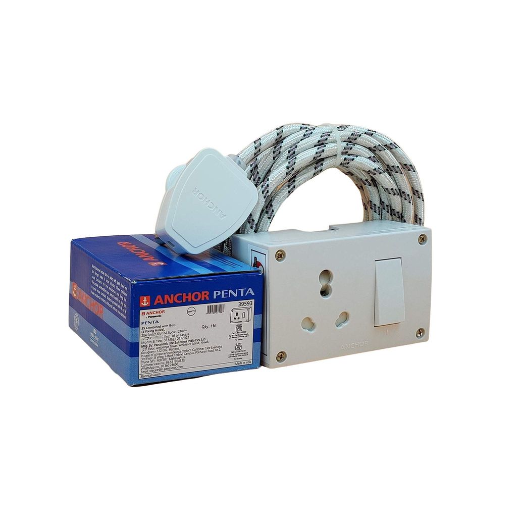 Tia 16 A Power Extension with 4 m Heavy Cloth Cord, Anchor Socket and Plug (White)