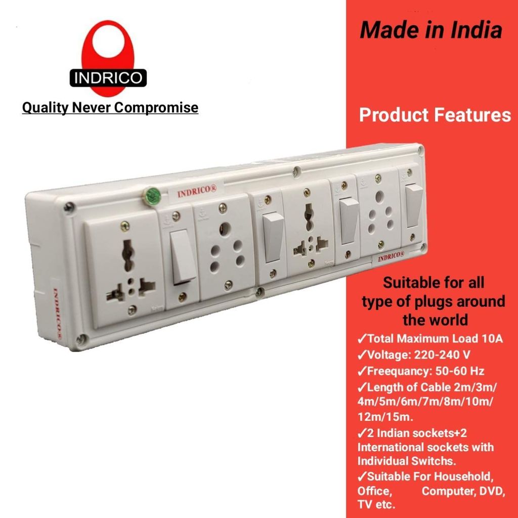 INDRICO? 4080 E-Book 4 + 4 Power Strip Extension Boards with Individual Switch Polycarbonate, Indicator, & 2 International sockets, White (Pack of 1)