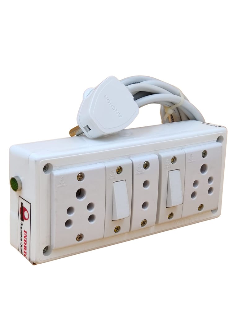 INDRICO Multi Outlets Power junction box electrical with 2 Switches 3 sockets Long Extension Wire Cable Wall fitting (Max. Ratings 1200 Watts) PVC Board White Pack of 1
