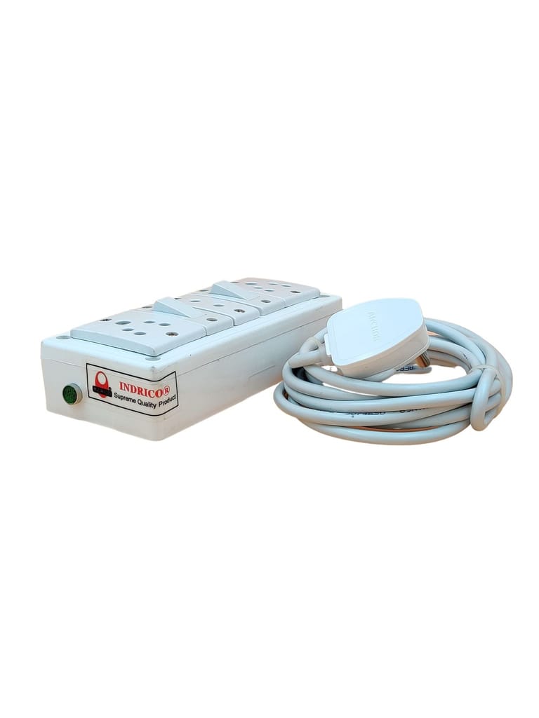 INDRICO Multi Outlets Power junction box electrical with 2 Switches 3 sockets Long Extension Wire Cable Wall fitting (Max. Ratings 1200 Watts) PVC Board White Pack of 1