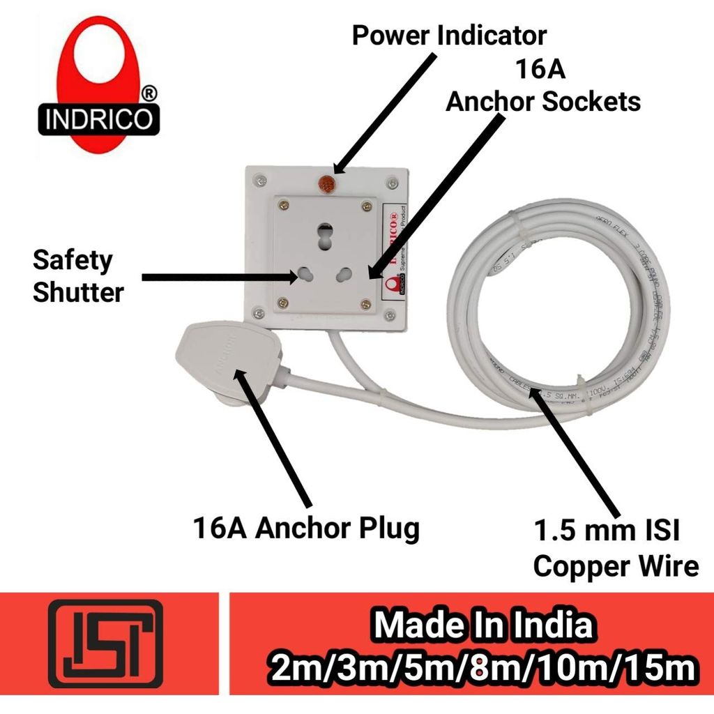 INDRICO? 15 Amps Extension Board with Power Indicator Wired White (Pack of 1)