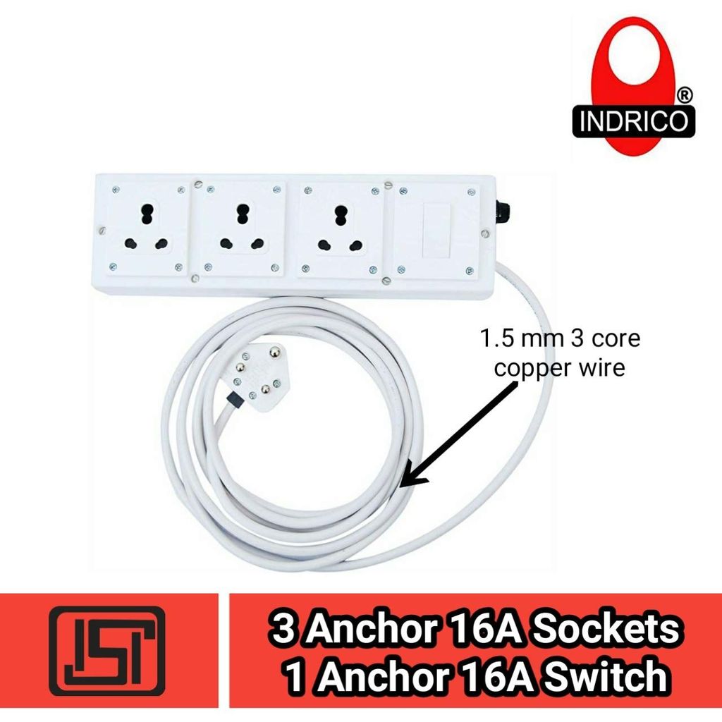 INDRICO? 3 Socket, 1 Switch 15/16 AMP 1.5mm 3 core Copper Wire Extension Board (White)