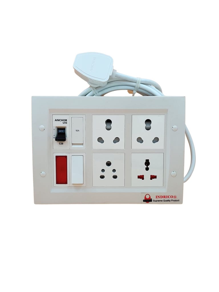 INDRICO 16amps Multi Socket Extension AC Switch Board 15amp with MCB 20A 15A 6A Multi Outlet Box Plug with Copper Cord Heavy Duty Wall Mounted White Pack of 1