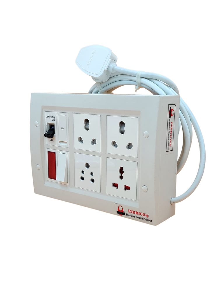 INDRICO 16amps Multi Socket Extension AC Switch Board 15amp with MCB 20A 15A 6A Multi Outlet Box Plug with Copper Cord Heavy Duty Wall Mounted White Pack of 1