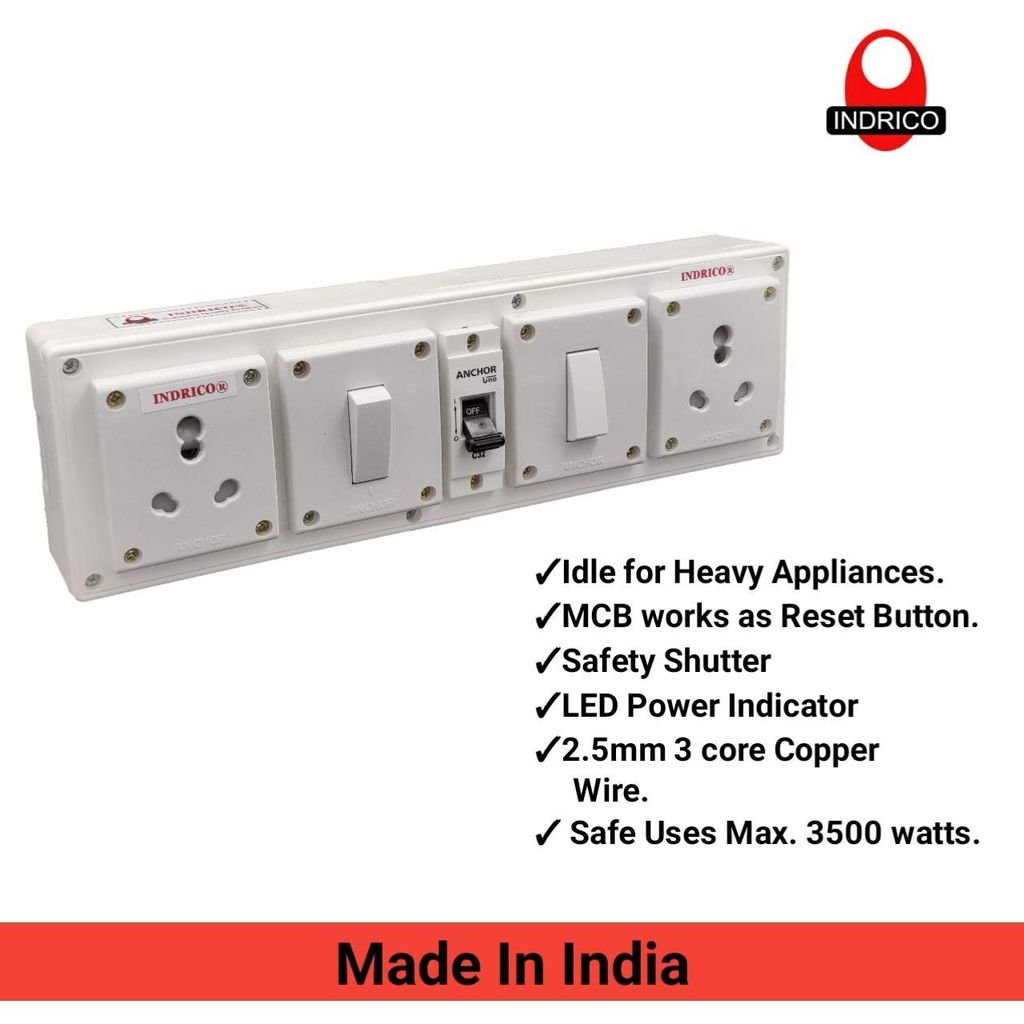 INDRICO? Extension Board for Heavy Appliances, AC/Washing Machine/Fridge/Micro Oven (2+2) 20 AMP 2.5 mm 3 core Copper Wire New (White)