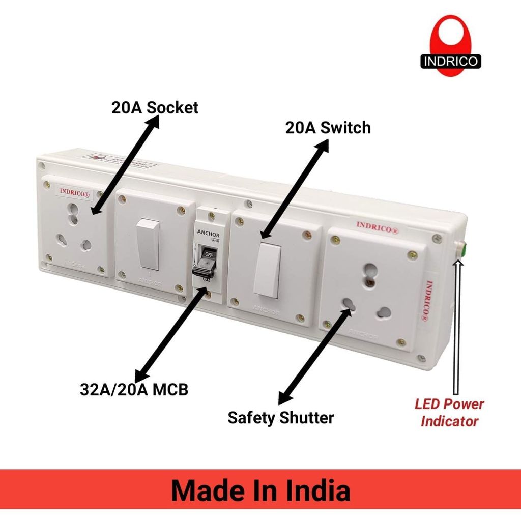 INDRICO? Extension Board for Heavy Appliances, AC/Washing Machine/Fridge/Micro Oven (2+2) 20 AMP 2.5 mm 3 core Copper Wire New (White)