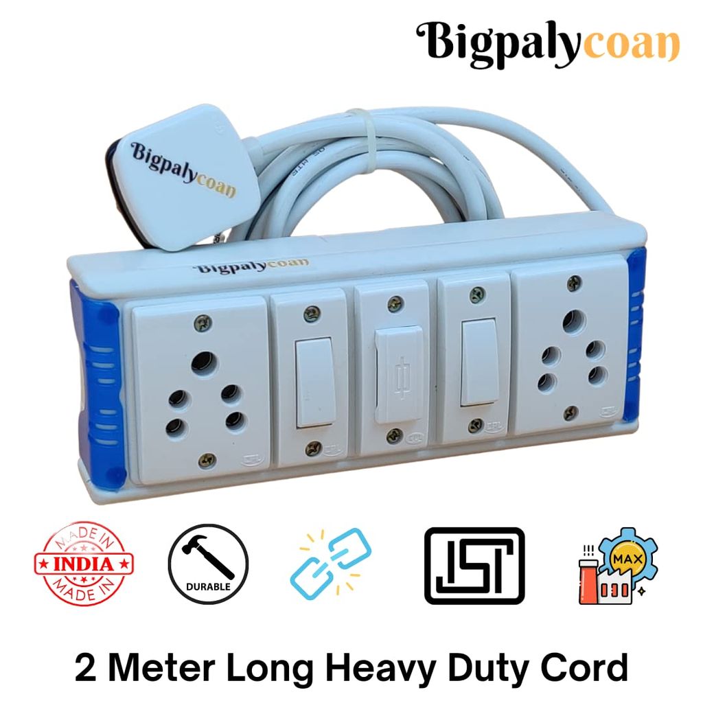Bigpalycoan 2 Way Electric Multi Outlets Power Strip Spike Guard with Individual Switches Heavy Duty 2 metre Cord (Max. Rating 1200W- 230V) PVC Blue/Green-White