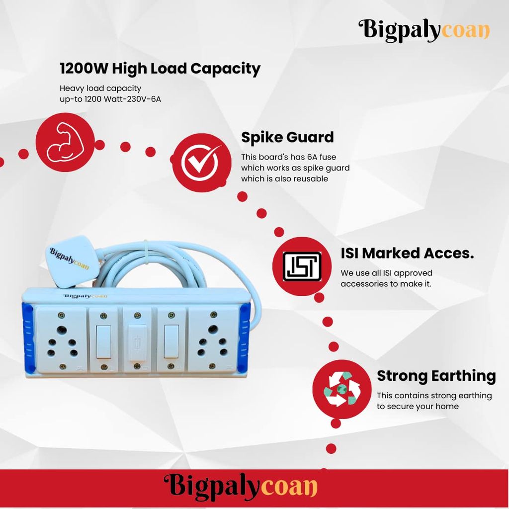 Bigpalycoan 2 Way Electric Multi Outlets Power Strip Spike Guard with Individual Switches Heavy Duty 2 metre Cord (Max. Rating 1200W- 230V) PVC Blue/Green-White