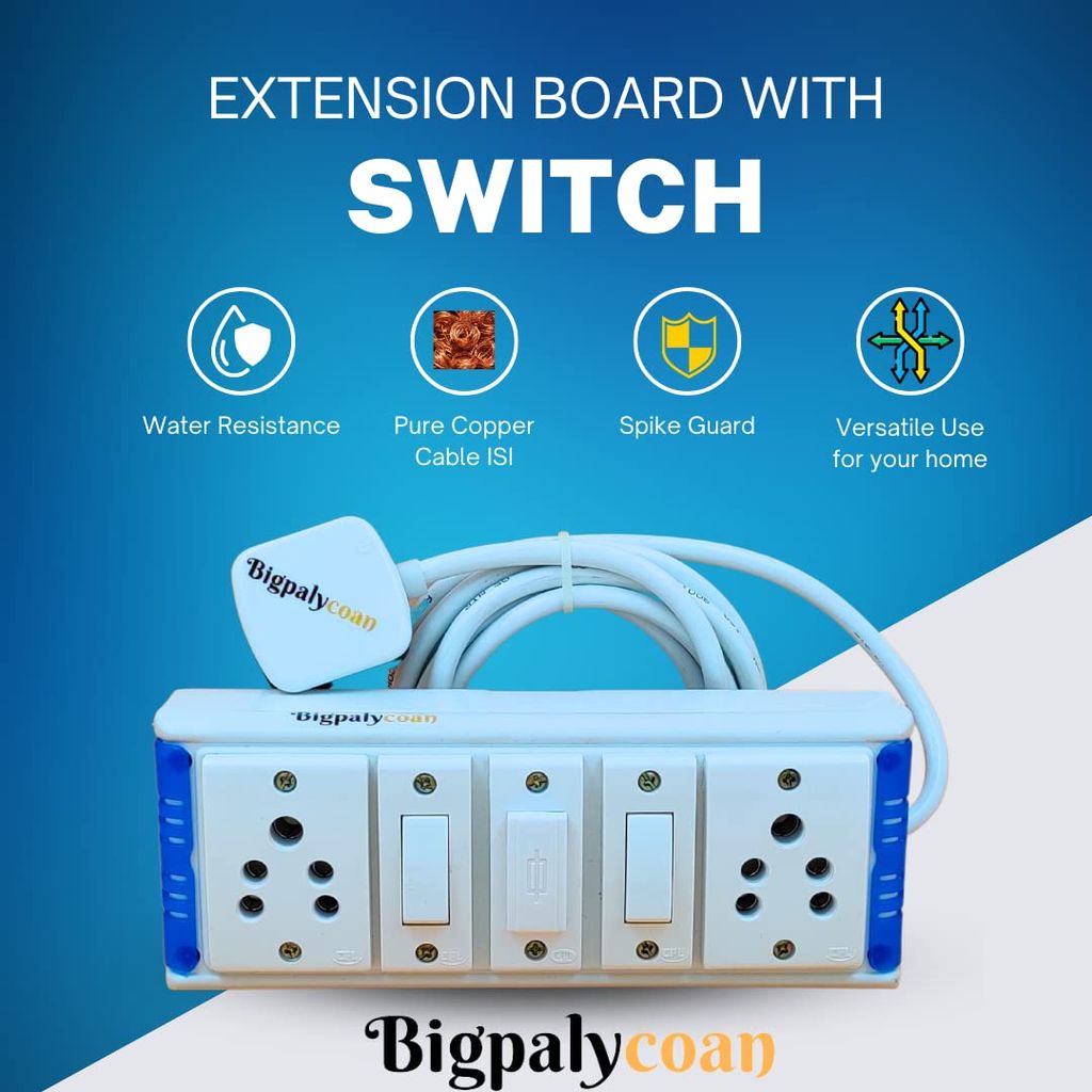 Bigpalycoan 2 Way Electric Multi Outlets Power Strip Spike Guard with Individual Switches Heavy Duty 2 metre Cord (Max. Rating 1200W- 230V) PVC Blue/Green-White