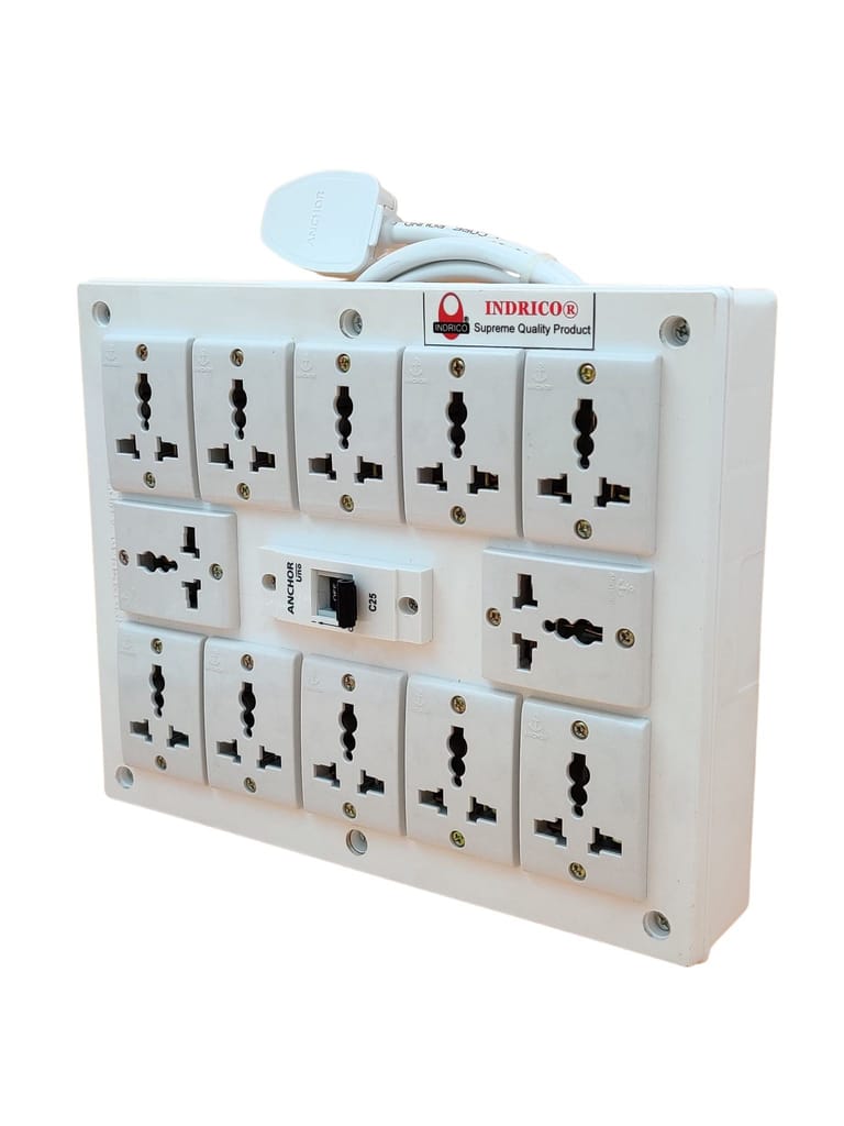 INDRICO PVC 2000W 12 Way Extension Board with Universal Sockets MCB and Long Wire (Pack of 1, White)