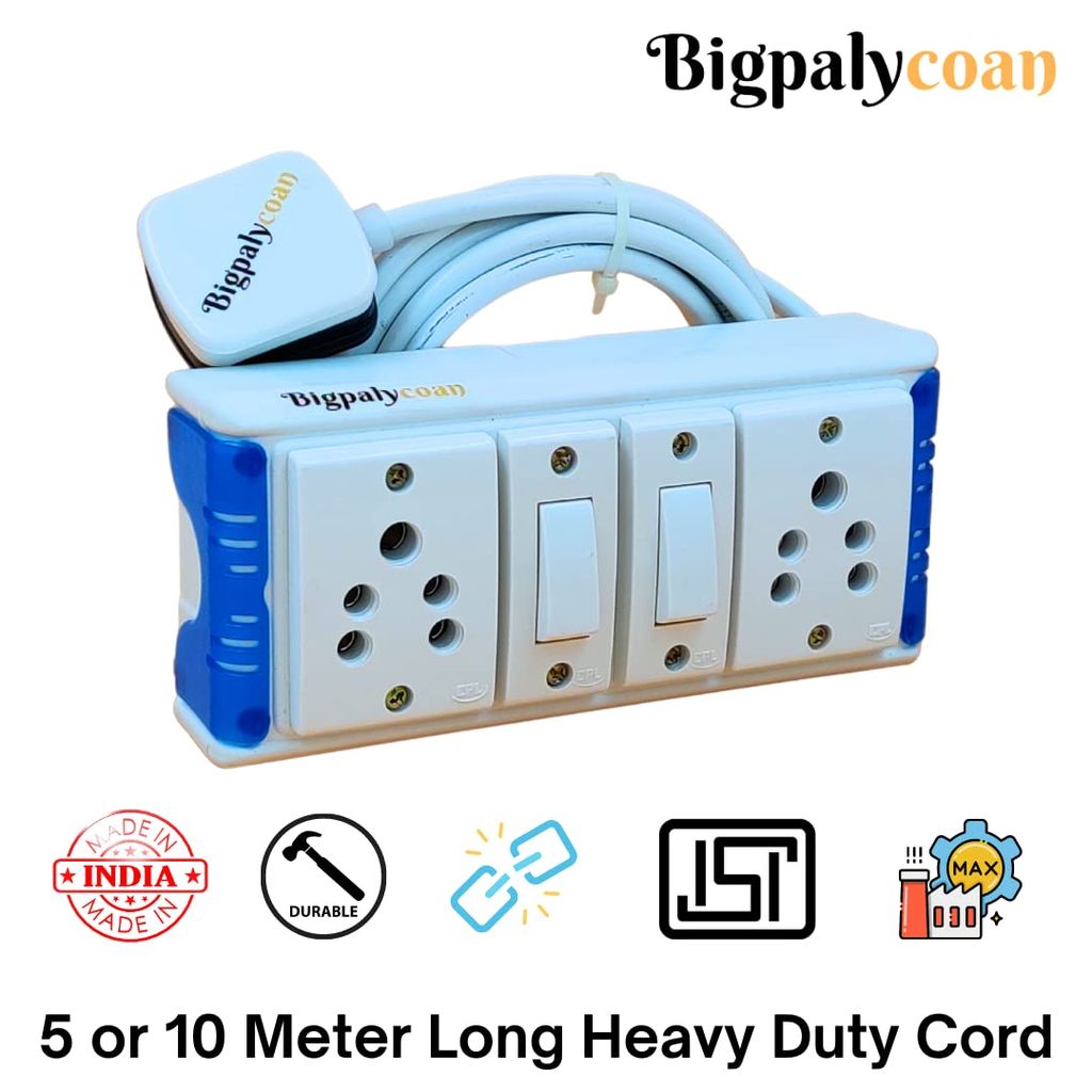 Bigpalycoan 2 Way Extension Multi Outlet Electrical Switch Board with Individual Switch Heavy Duty Long Cord (Max. Rating 1200W- 230V) PVC Blue/Green-White